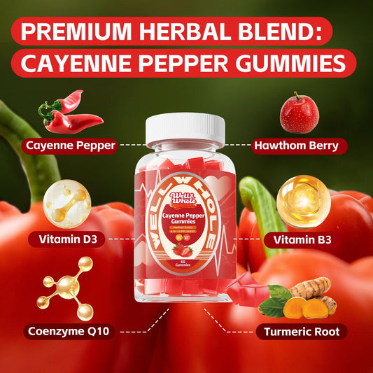 Cayenne & Hawthorn gummies held in one hand before the evening wind-down