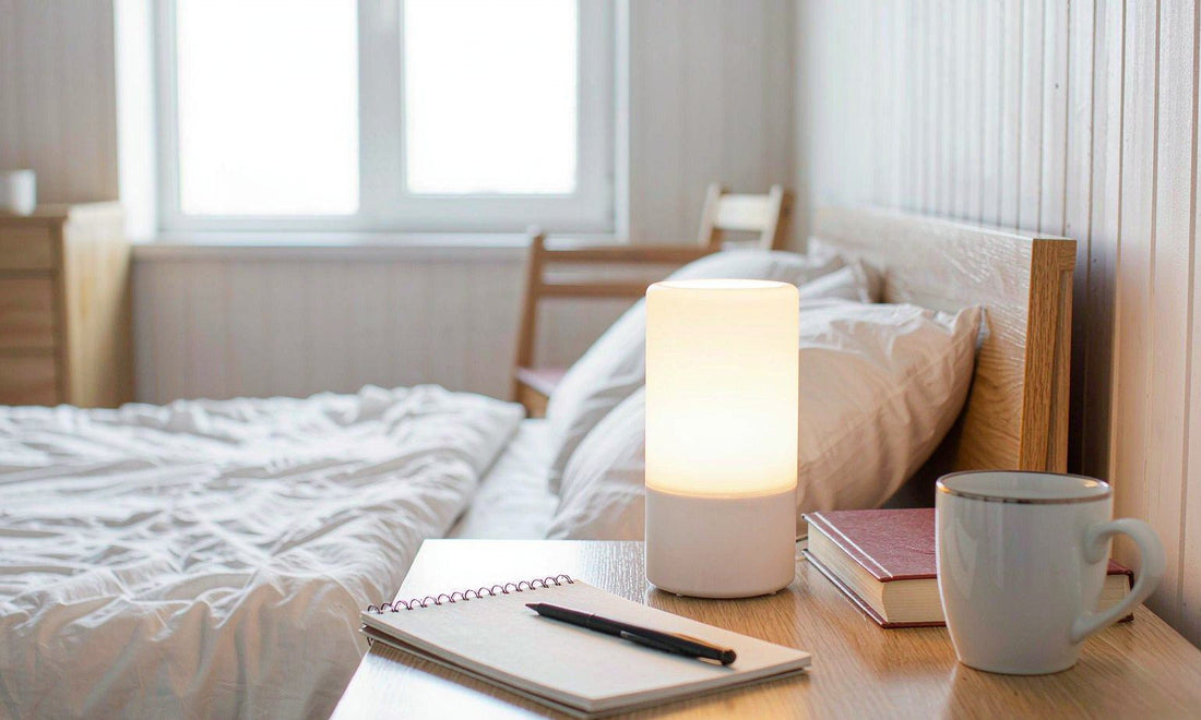 A lit lamp, a blank notepad and a closed paperback on a bedroom nightstand at dusk, waiting for the evening.