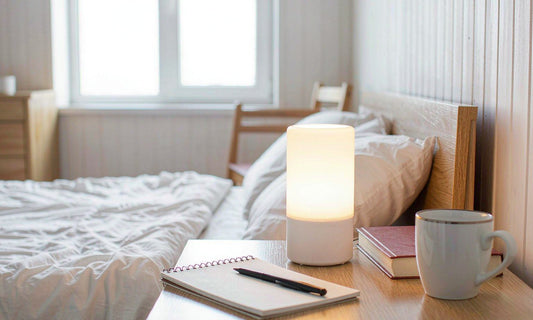 A lit lamp, a blank notepad and a closed paperback on a bedroom nightstand at dusk, waiting for the evening.