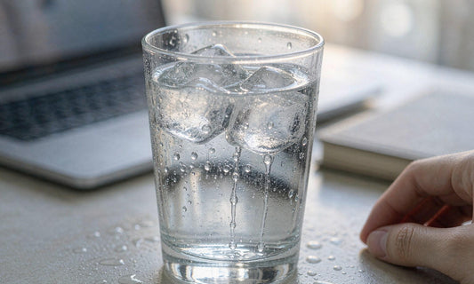 Macro of condensation running down a glass of iced water beside a closed notebook on a desk