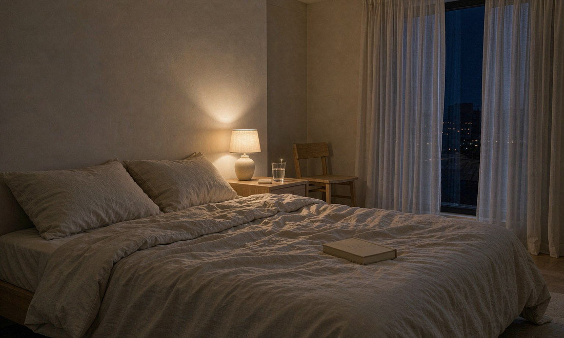 A quiet bedroom at three in the morning with one warm lamp glowing beside an unmade bed