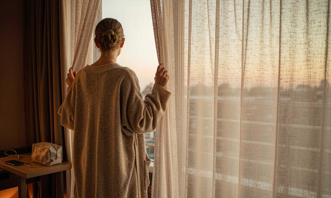 Woman from behind in a beige cardigan drawing a sheer curtain at dusk in a hotel room