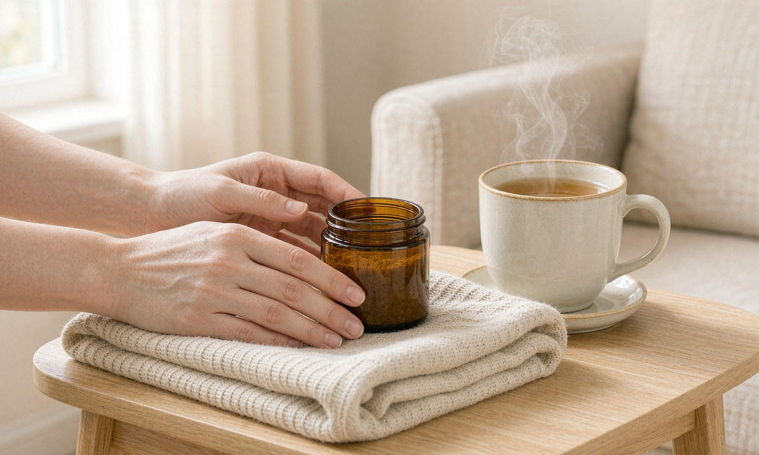Fair-skinned hands holding a small amber jar beside a steaming cup of herbal tea in daylight