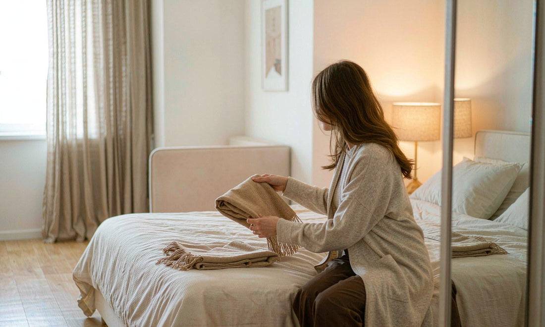 Woman seen from behind folding a blanket on a cream bed in a soft-lit evening bedroom