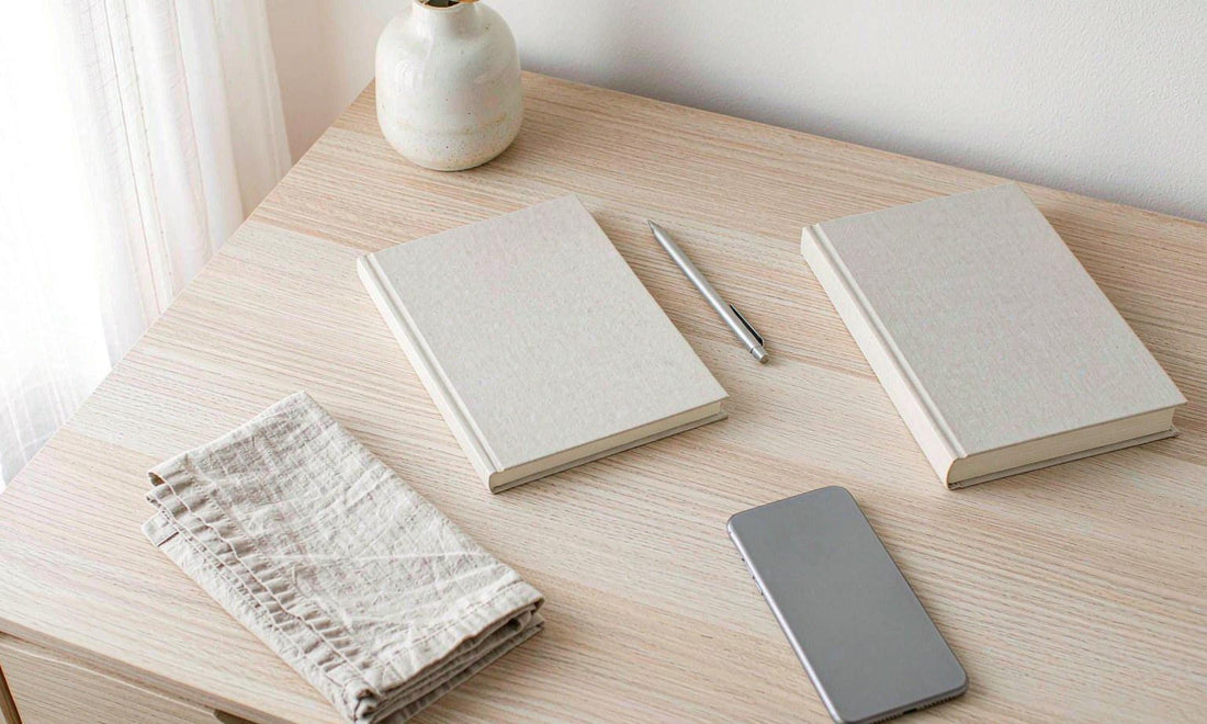 Flat lay of a notepad, pen, paperback and a phone face down on a pale oak bedside table.