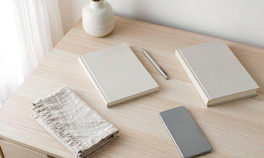 Flat lay of a notepad, pen, paperback and a phone face down on a pale oak bedside table.