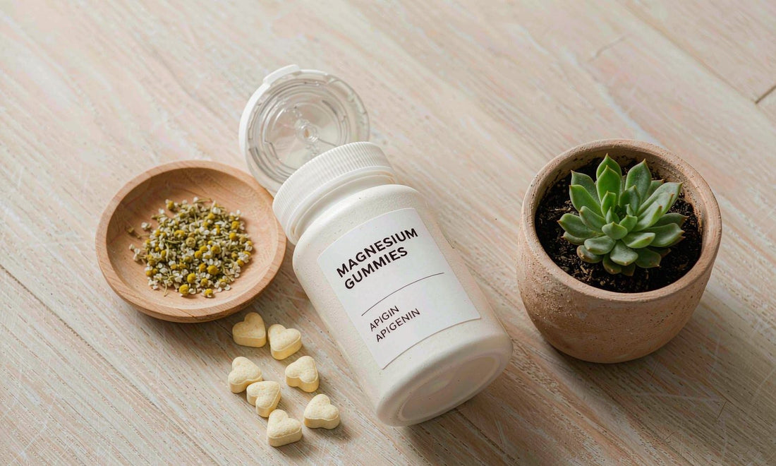 Flat lay of magnesium gummies bottle with apigenin on light wood