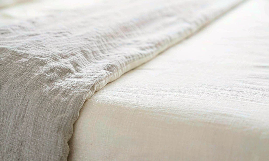 Macro close-up of pale grey linen bedding folded over white cotton sheets in soft daylight