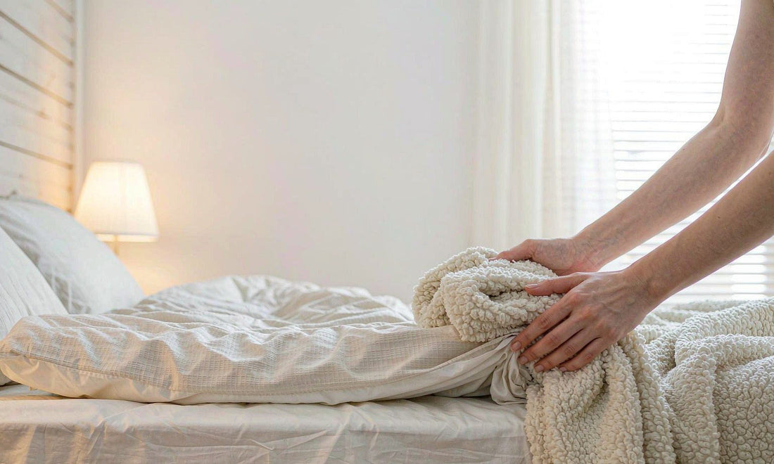 Hands smoothing a cream blanket on a pale linen bed in a softly lit evening bedroom for a wind-down routine