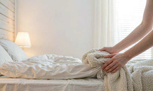 Hands smoothing a cream blanket on a pale linen bed in a softly lit evening bedroom for a wind-down routine
