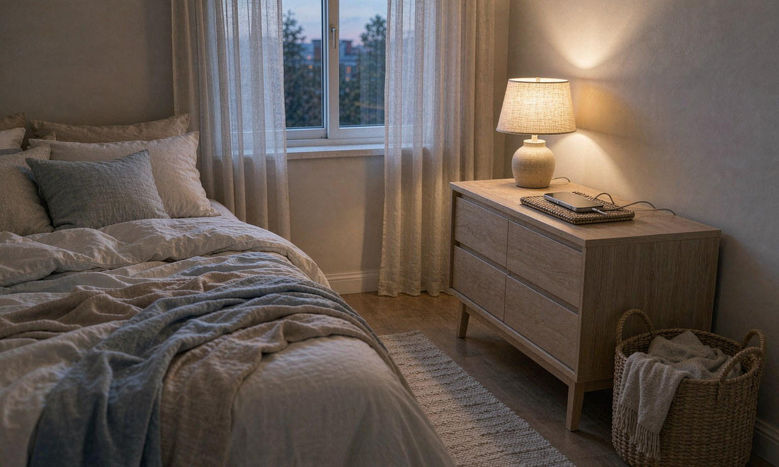 A phone charging face down on a dresser across the room from an unmade bed at dusk