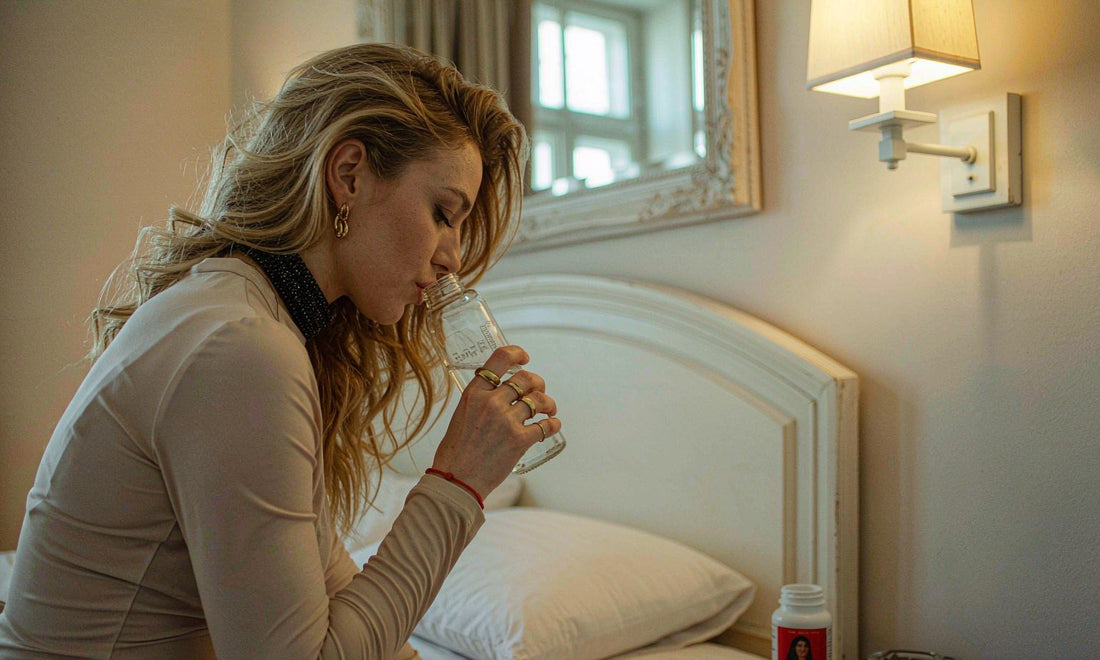 Woman from the side with supplement bottle on a nightstand