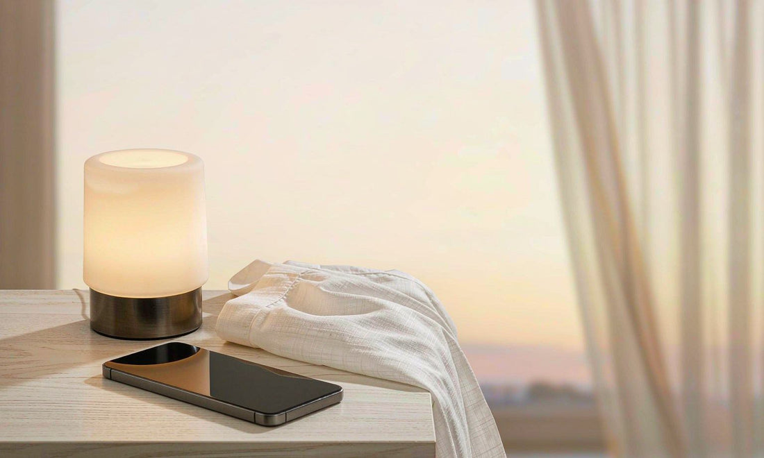 Warm bedside lamp and a face-down phone on a pale oak nightstand at dusk