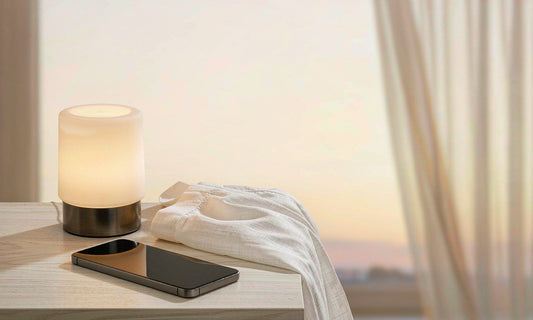 Warm bedside lamp and a face-down phone on a pale oak nightstand at dusk