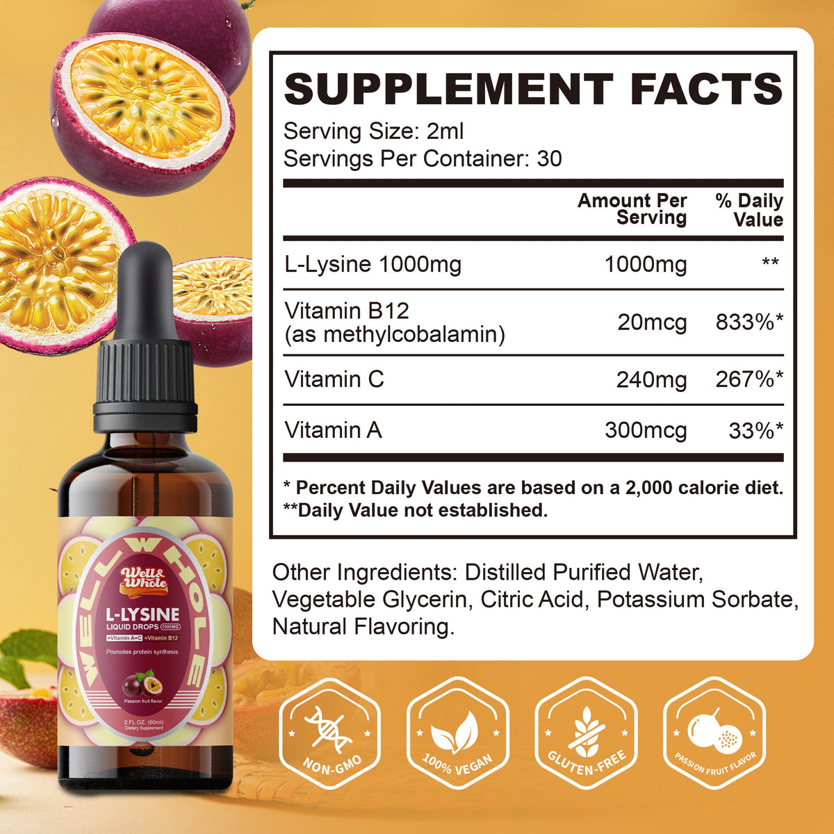 L-Lysine Liquid Drops supplement facts panel listing ingredients and serving size