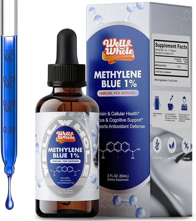 Methylene Blue liquid drops bottle on a dim evening table, ShopWellWhole night ritual