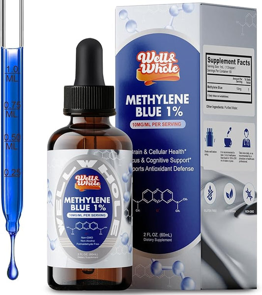 Methylene Blue liquid drops bottle on a dim evening table, ShopWellWhole night ritual
