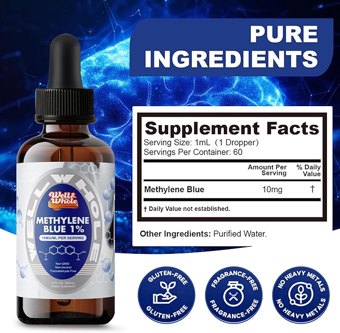 Methylene Blue supplement facts panel listing ingredients and serving size