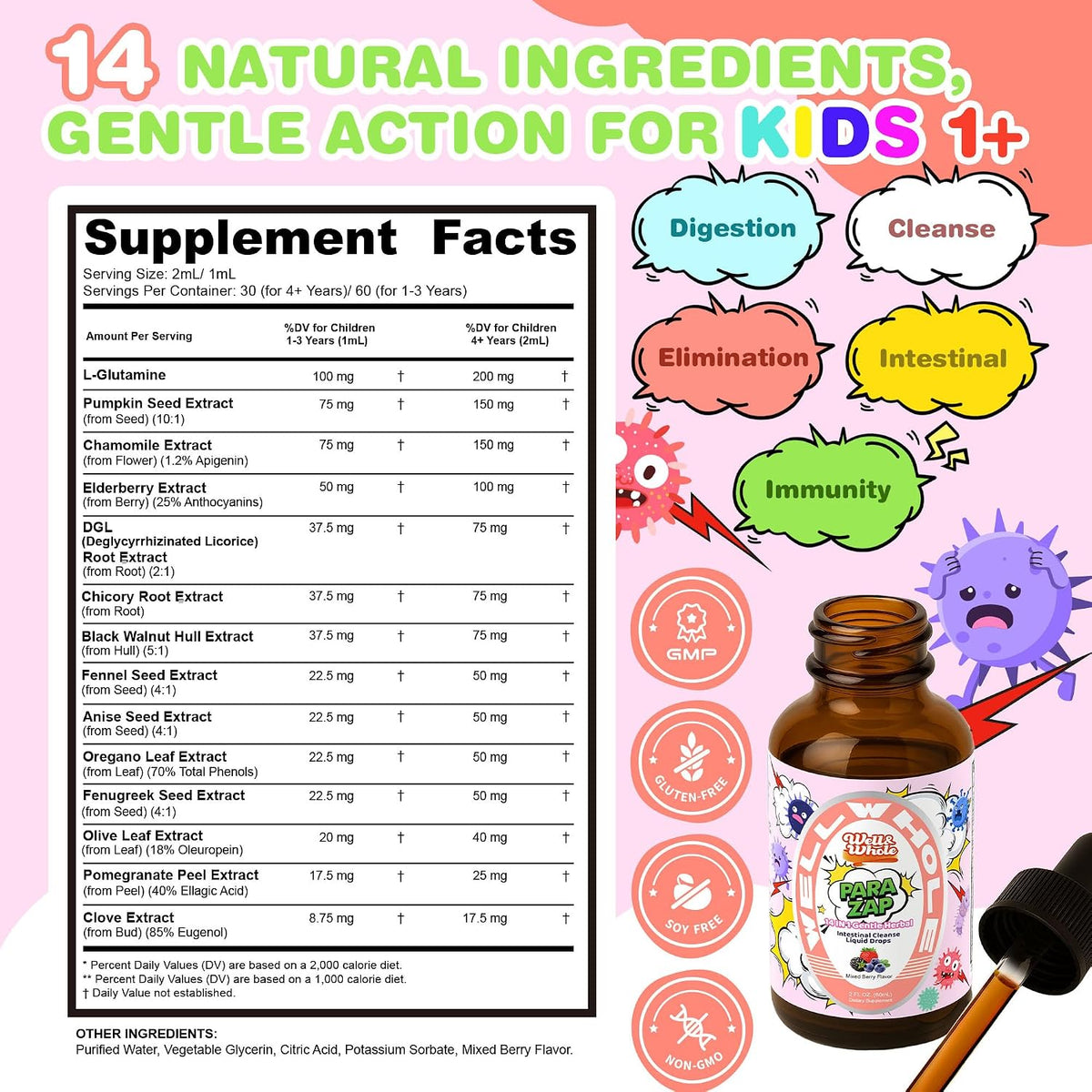 Kids Black Walnut supplement facts panel listing ingredients and serving size