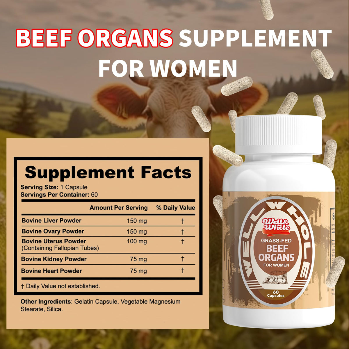 Beef Organ Capsules supplement facts panel listing ingredients and serving size
