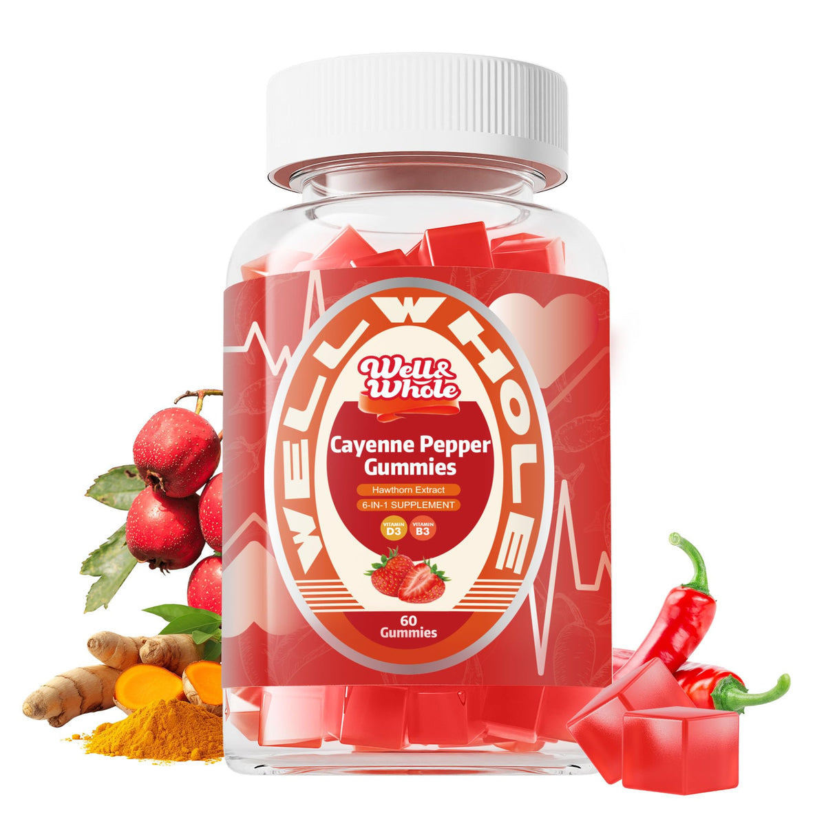 Cayenne & Hawthorn gummies in a glass jar on a dim evening table, ShopWellWhole night ritual