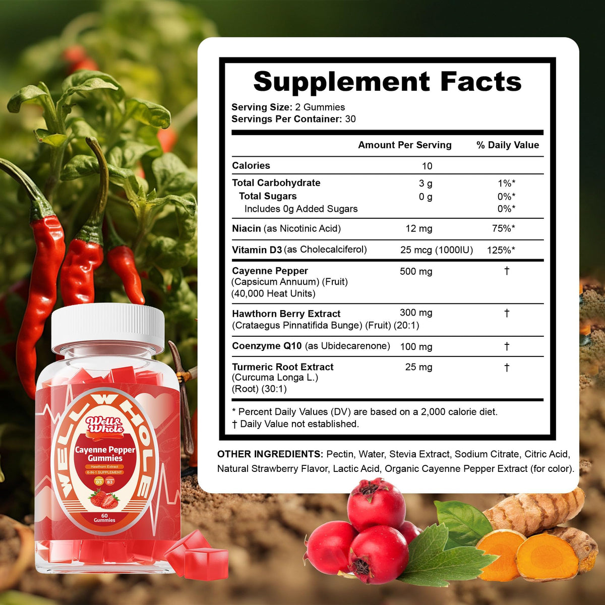 Cayenne & Hawthorn supplement facts panel listing ingredients and serving size
