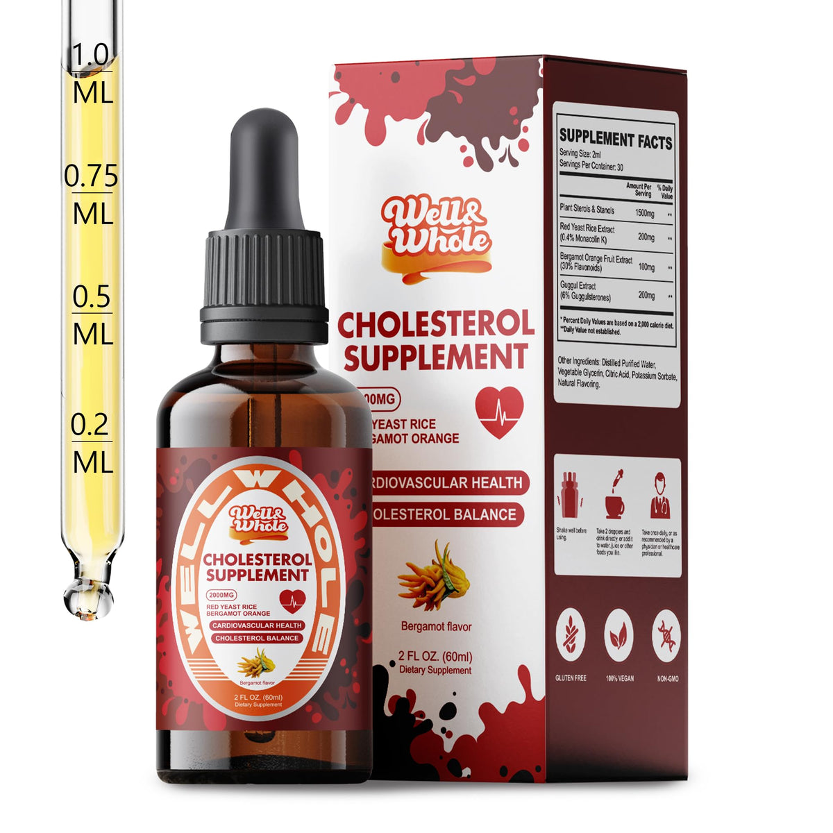 Cholesterol Support Drops liquid drops bottle on a dim evening table, ShopWellWhole night ritual