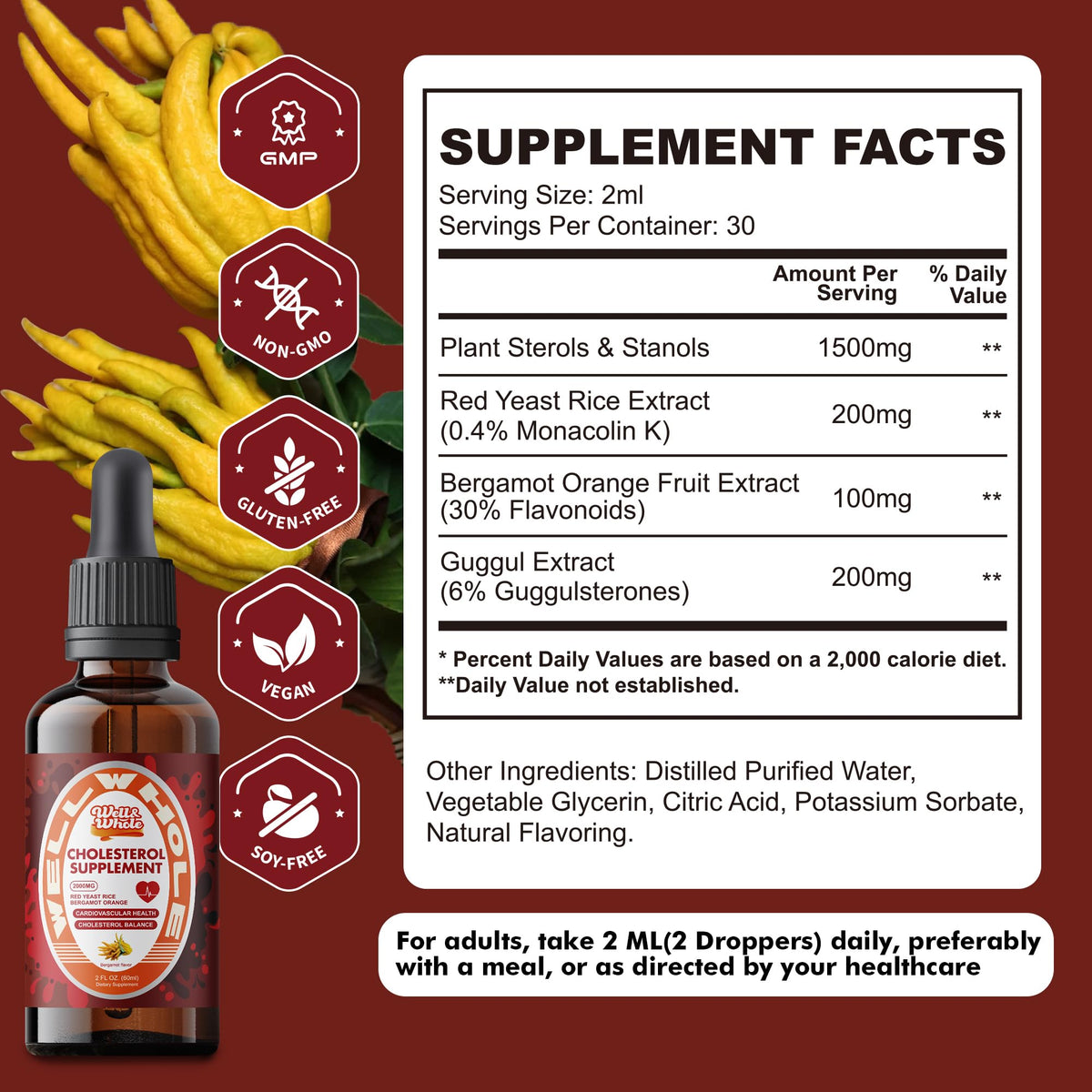 Cholesterol Support Drops supplement facts panel listing ingredients and serving size