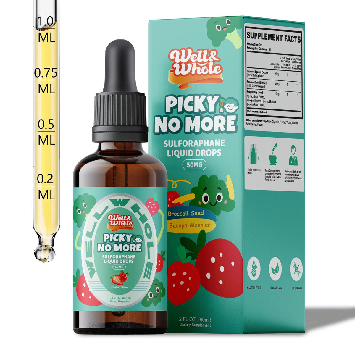 Sulforaphane for Kids liquid drops bottle on a dim evening table, ShopWellWhole night ritual