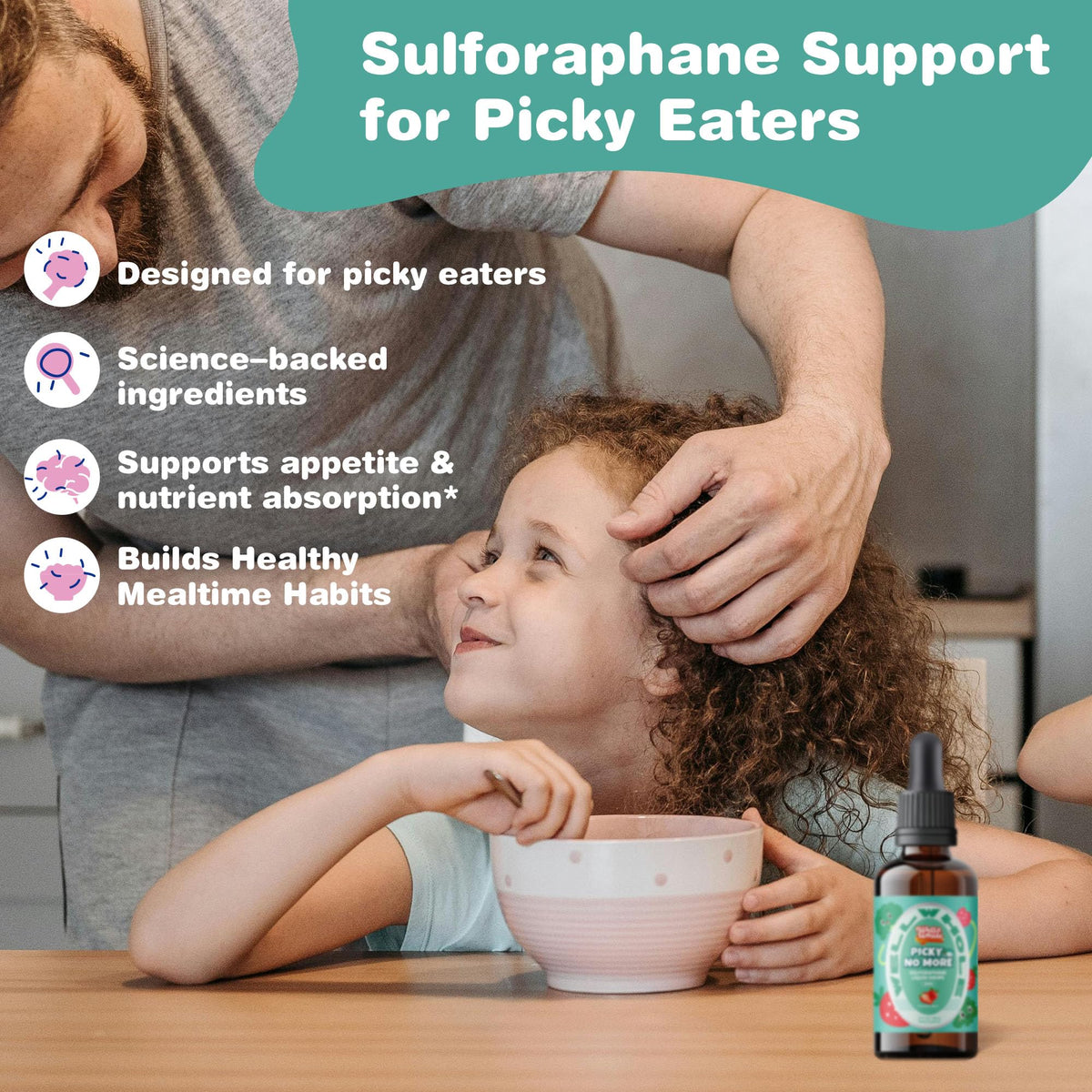 Sulforaphane for Kids liquid drops being dropped into a glass of water before the evening wind-down