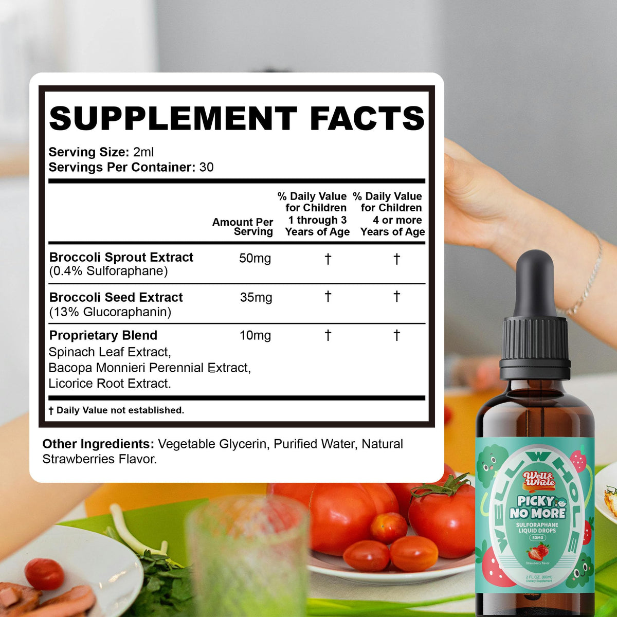 Sulforaphane for Kids supplement facts panel listing ingredients and serving size