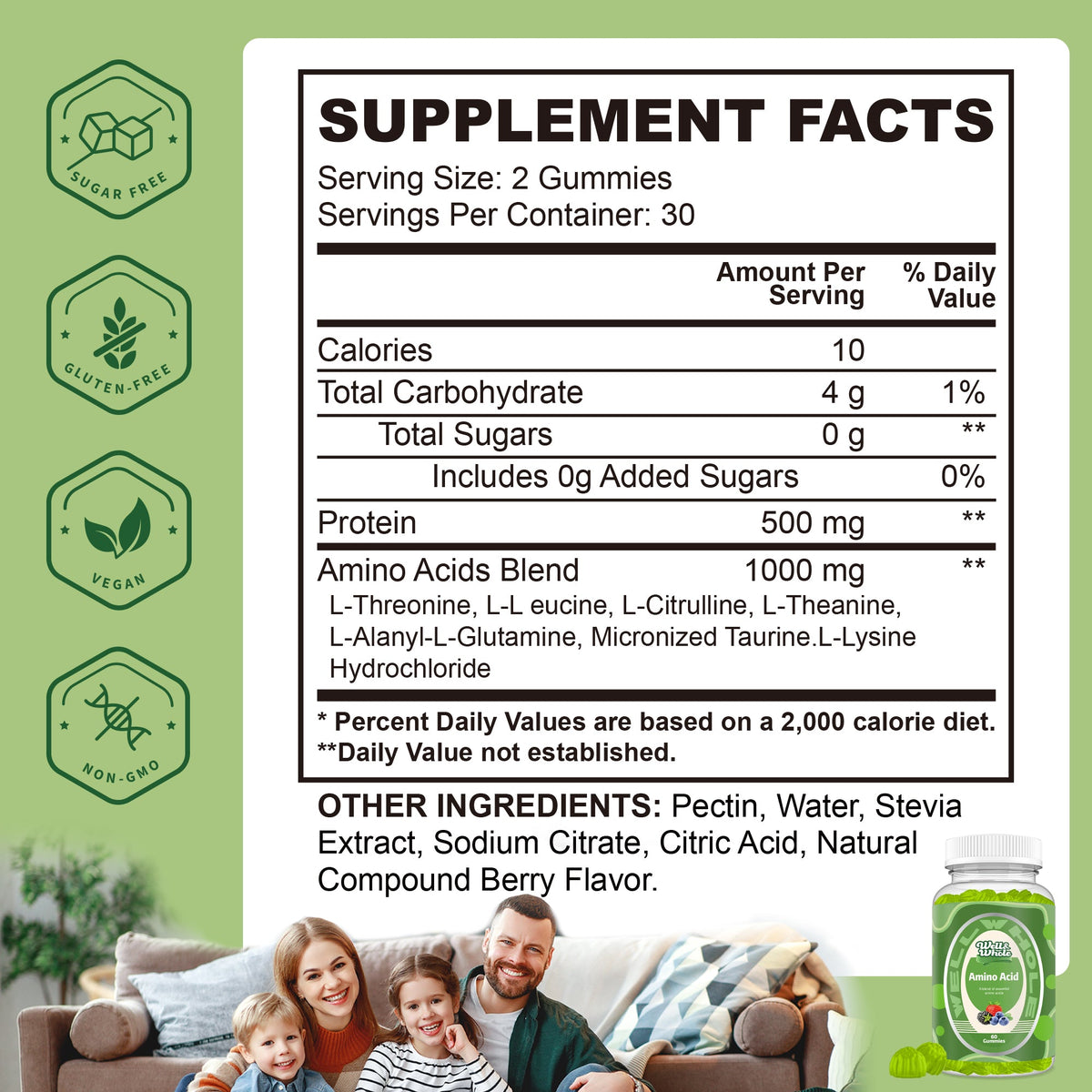 EAA Amino Acid supplement facts panel listing ingredients and serving size