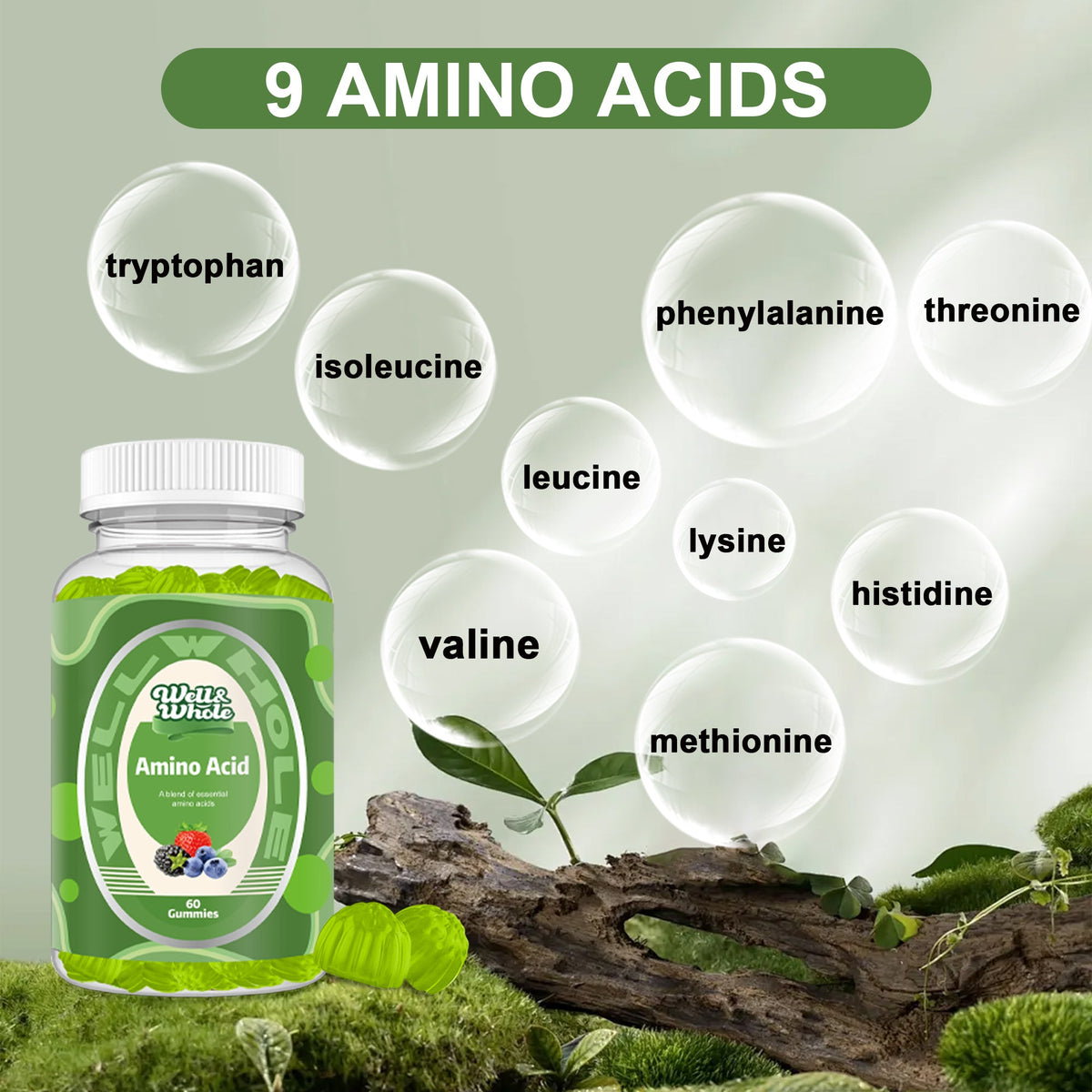 ShopWellWhole EAA Amino Acid gummies beside a warm lamp during the evening ritual