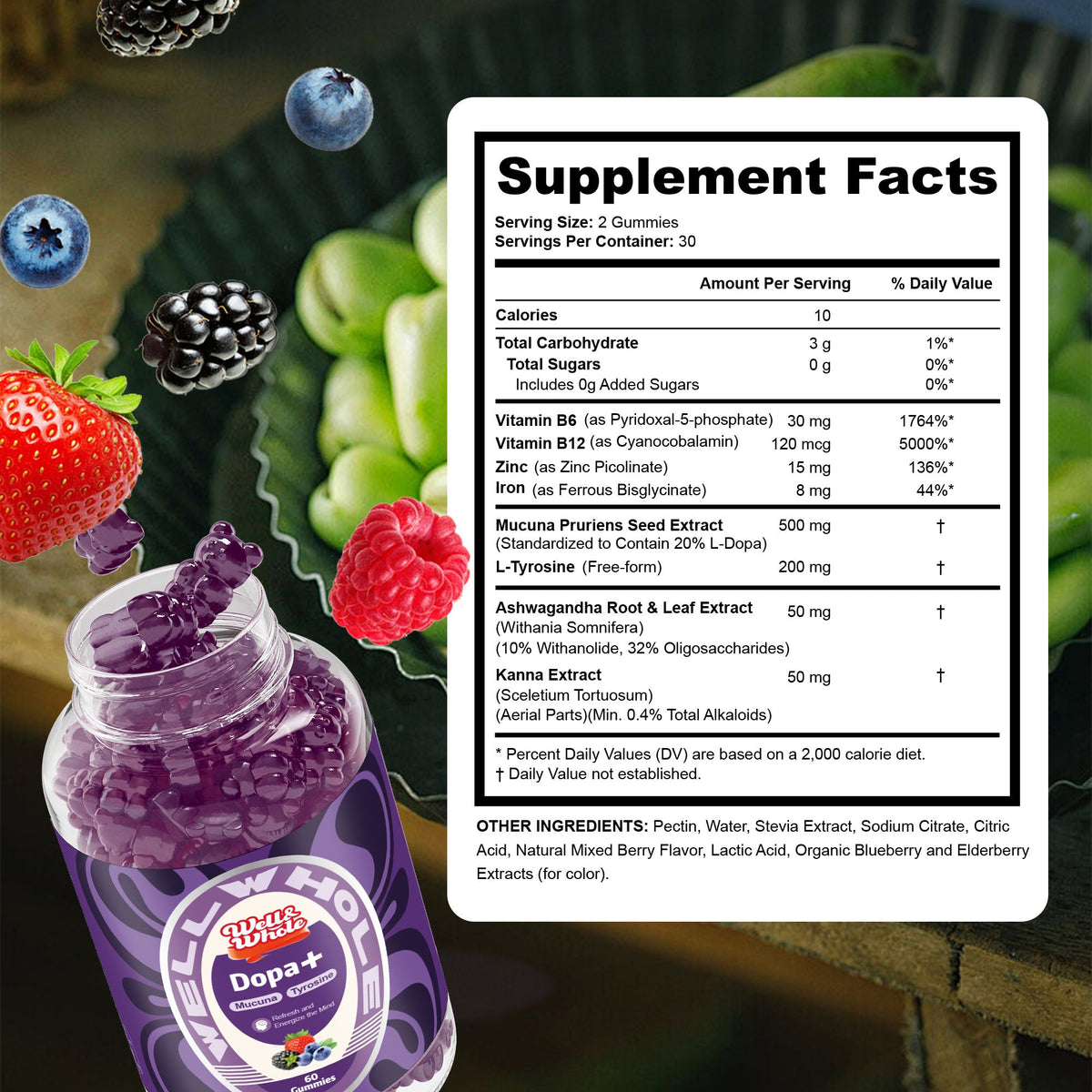 Dopamine Gummies supplement facts panel listing ingredients and serving size