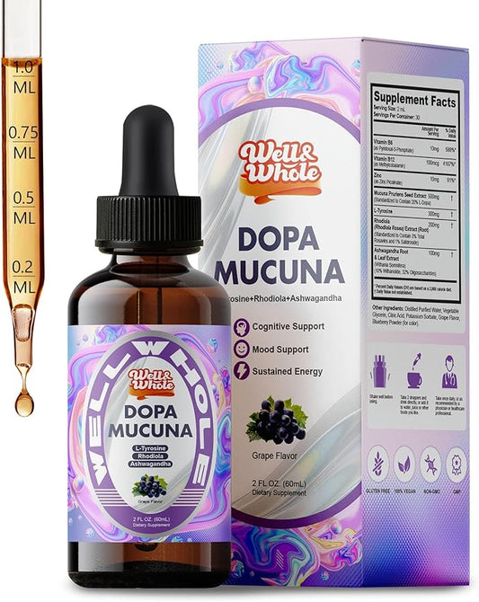 Mucuna Pruriens Liquid liquid drops bottle on a dim evening table, ShopWellWhole night ritual