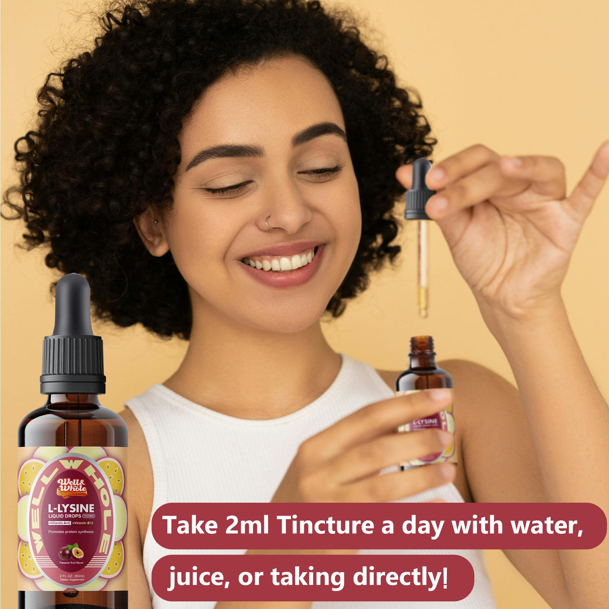 ShopWellWhole L-Lysine Liquid Drops dropper bottle beside a warm lamp during the evening ritual