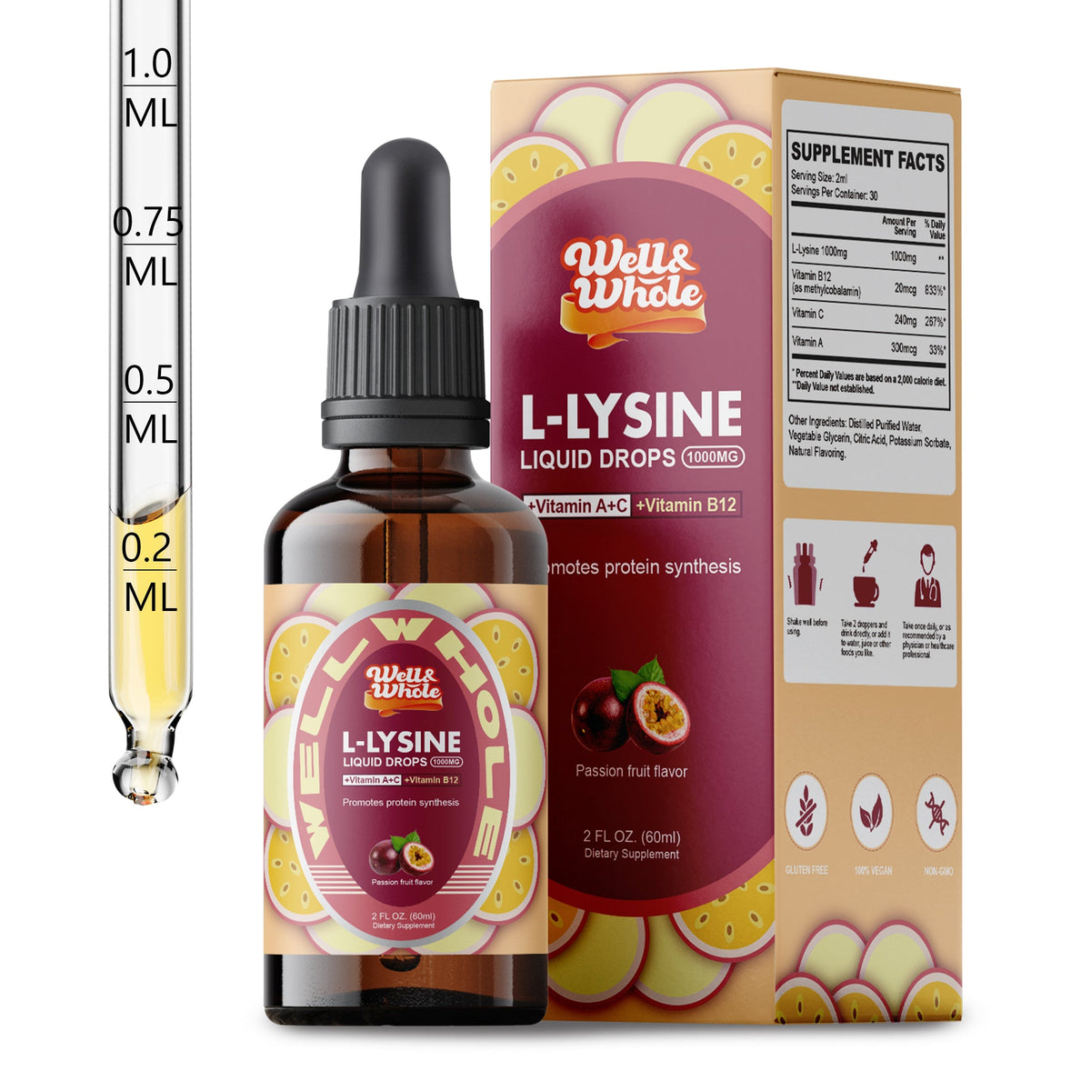 L-Lysine Liquid Drops liquid drops bottle on a dim evening table, ShopWellWhole night ritual