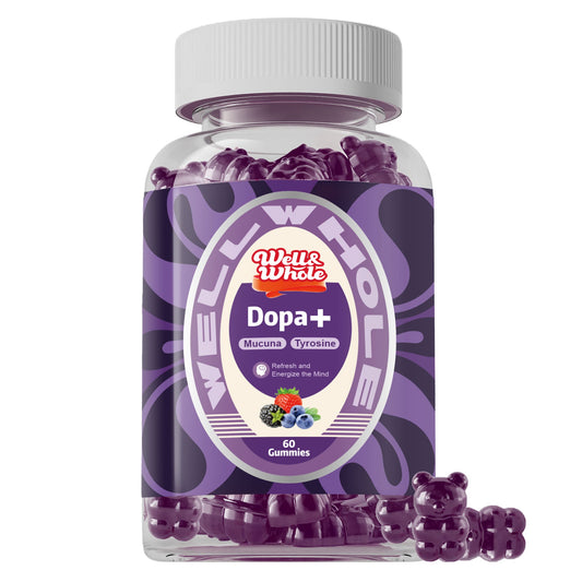 Dopamine Gummies gummies in a glass jar on a dim evening table, ShopWellWhole night ritual
