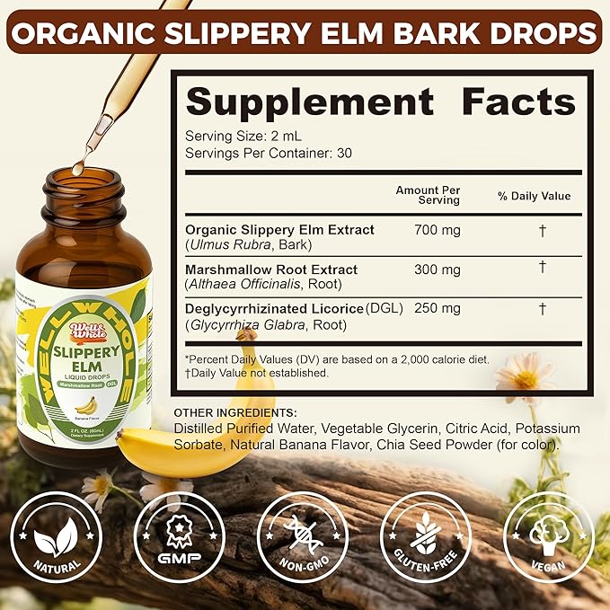 Slippery Elm supplement facts panel listing ingredients and serving size