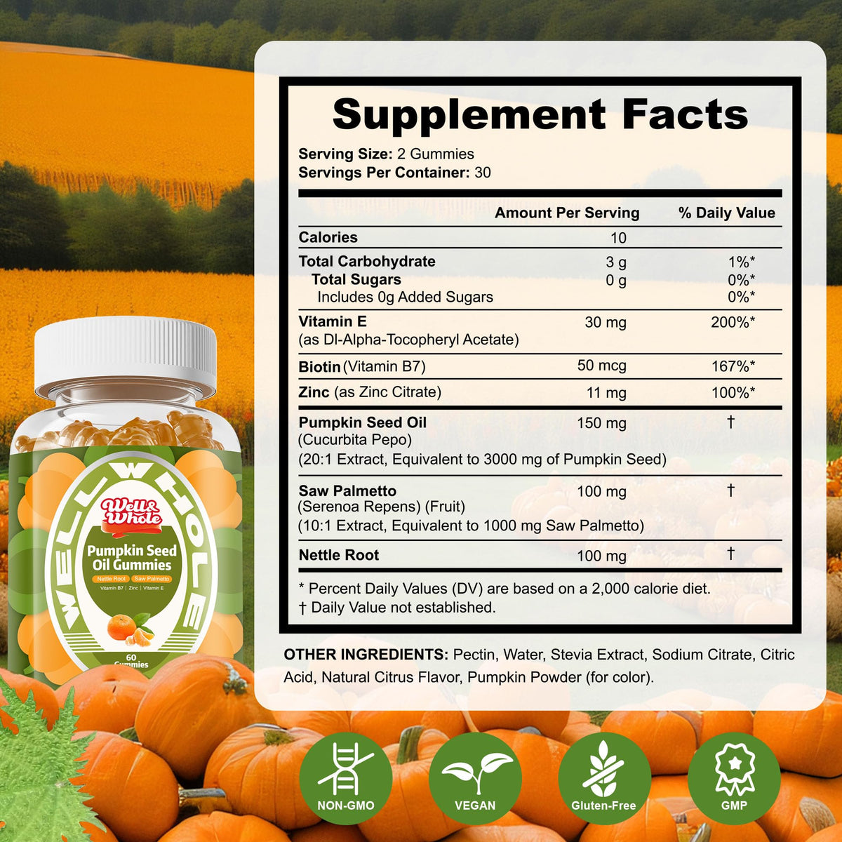 Pumpkin Seed Oil supplement facts panel listing ingredients and serving size