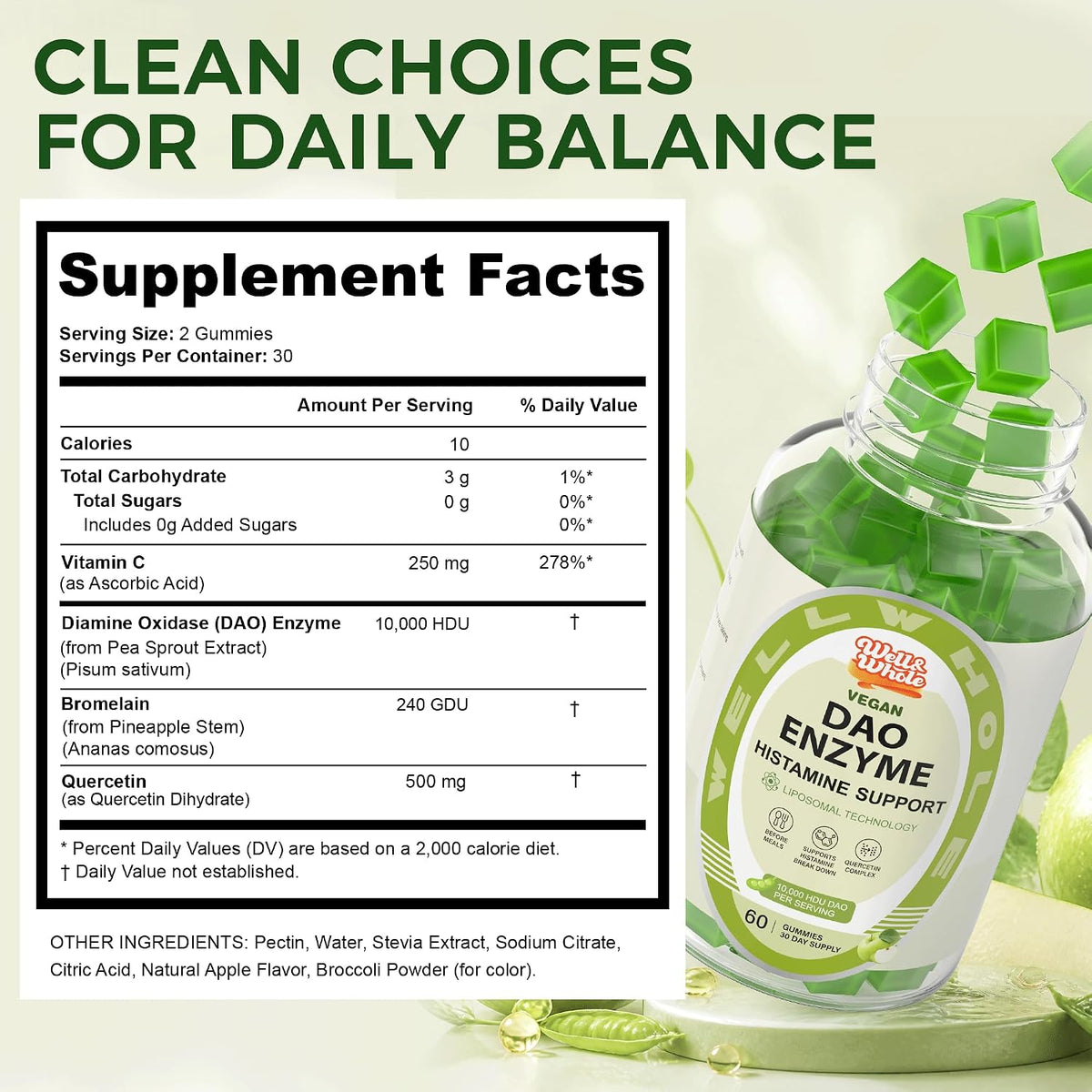 DAO Support supplement facts panel listing ingredients and serving size
