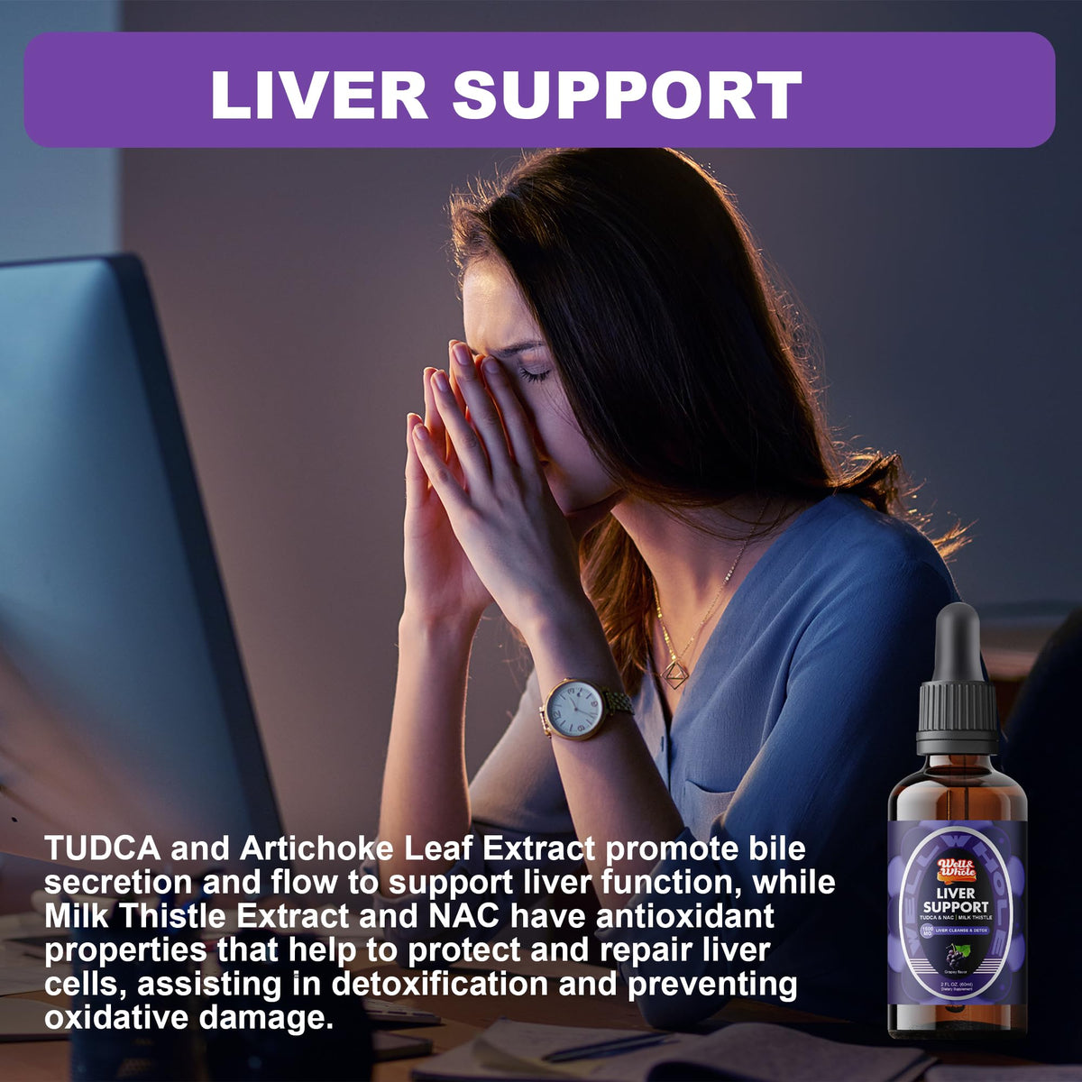 ShopWellWhole TUDCA Liver Support dropper bottle beside a warm lamp during the evening ritual