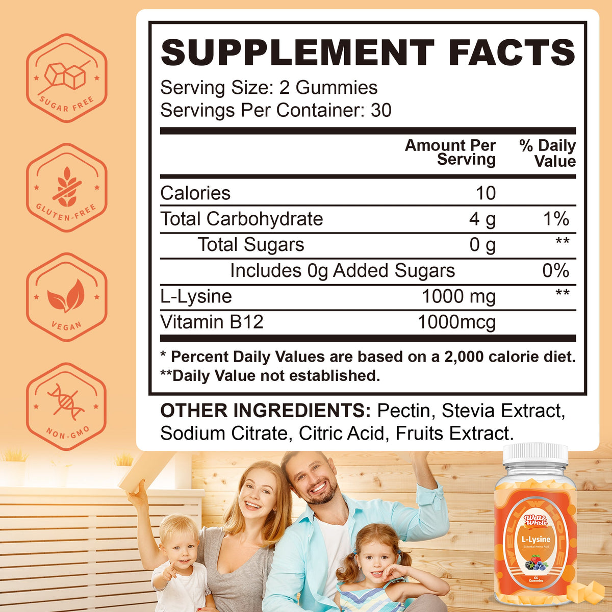 L-Lysine 1000mg supplement facts panel listing ingredients and serving size
