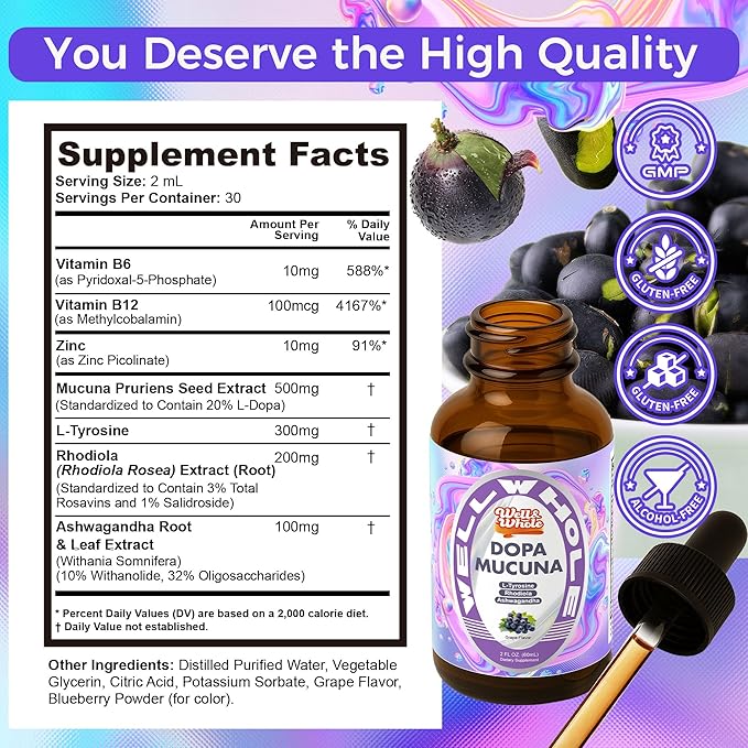 Mucuna Pruriens Liquid supplement facts panel listing ingredients and serving size